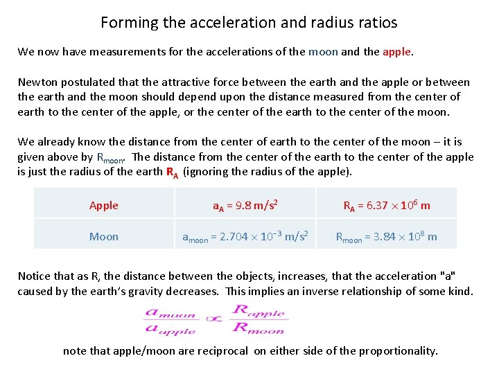 Forming the acceleration and radius ratios We now have measurements for the accelerations of