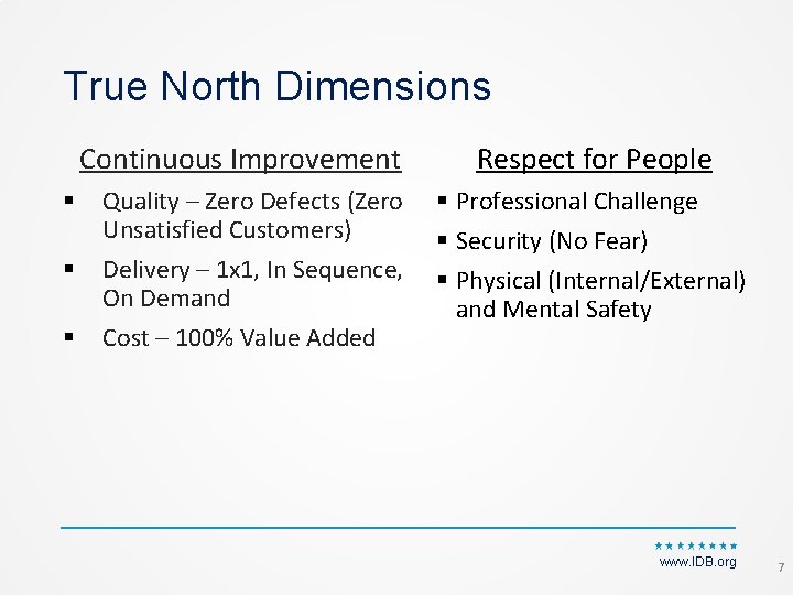 True North Dimensions Continuous Improvement § § § Quality – Zero Defects (Zero Unsatisfied