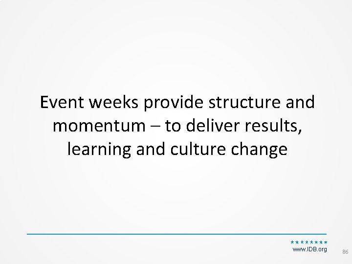 Event weeks provide structure and momentum – to deliver results, learning and culture change