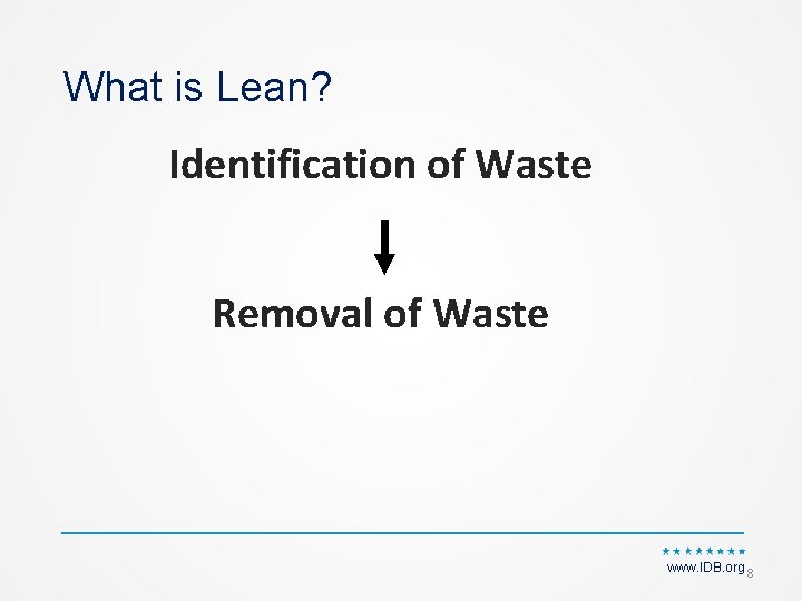 What is Lean? Identification of Waste Removal of Waste www. IDB. org 8 