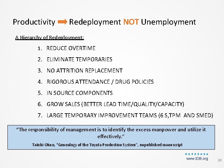 Productivity Redeployment NOT Unemployment A Hierarchy of Redeployment: 1. REDUCE OVERTIME 2. ELIMINATE TEMPORARIES