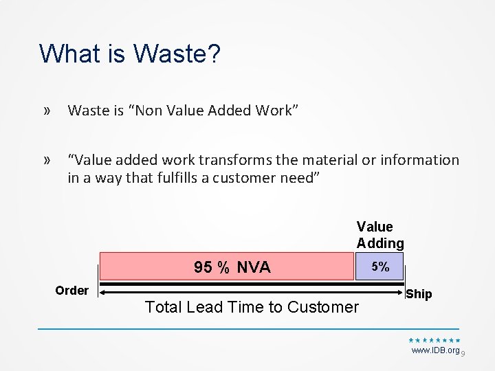 What is Waste? » Waste is “Non Value Added Work” » “Value added work