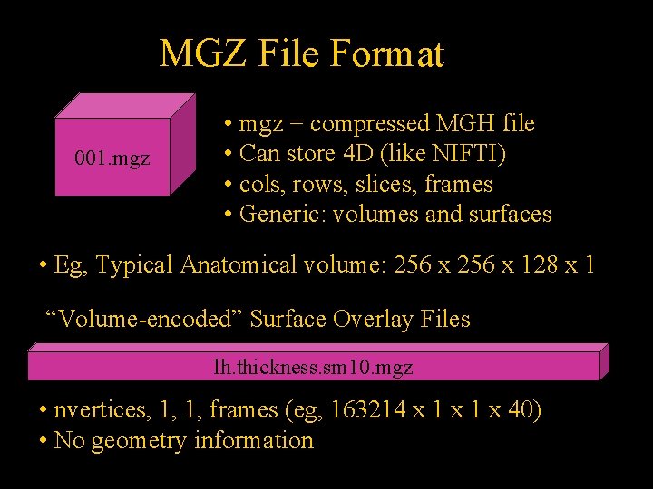 MGZ File Format 001. mgz • mgz = compressed MGH file • Can store