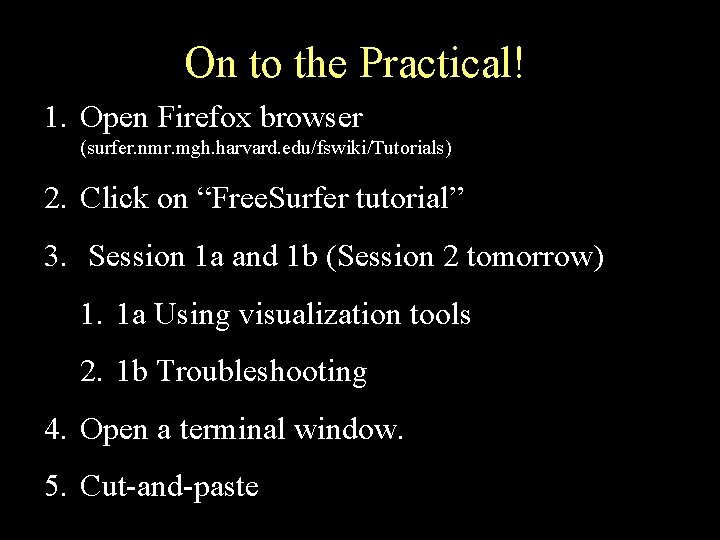 On to the Practical! 1. Open Firefox browser (surfer. nmr. mgh. harvard. edu/fswiki/Tutorials) 2.