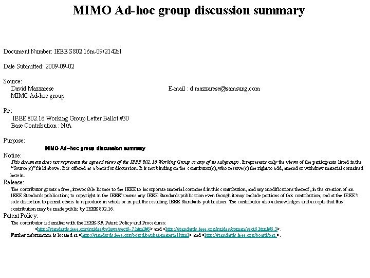 MIMO Ad-hoc group discussion summary Document Number: IEEE S 802. 16 m-09/2142 r 1