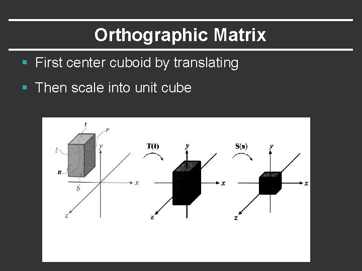 Orthographic Matrix § First center cuboid by translating § Then scale into unit cube