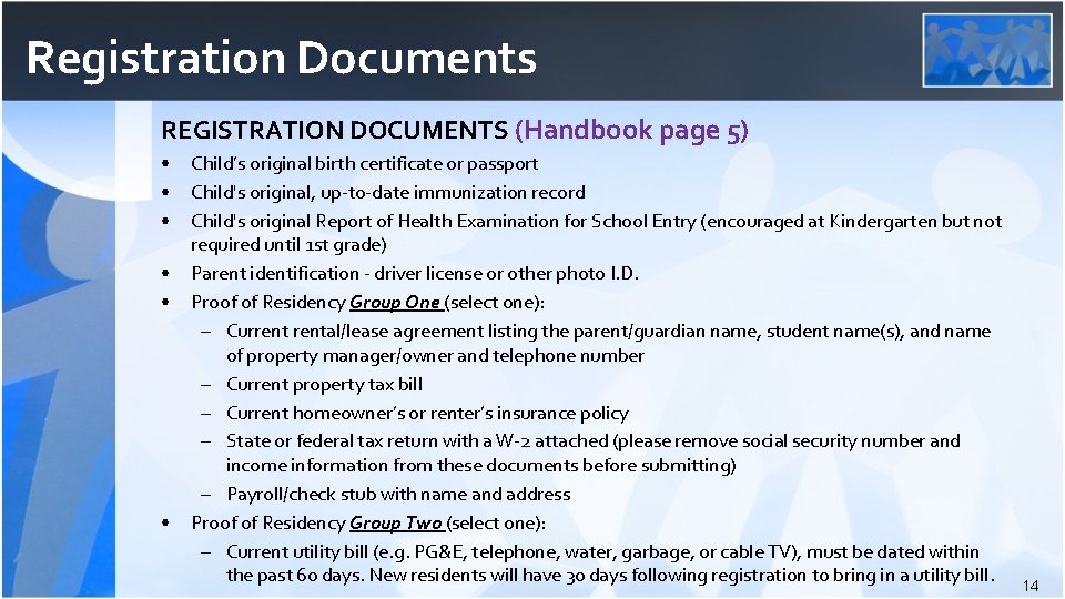 Registration Documents REGISTRATION DOCUMENTS (Handbook page 5) • • • Child’s original birth certificate