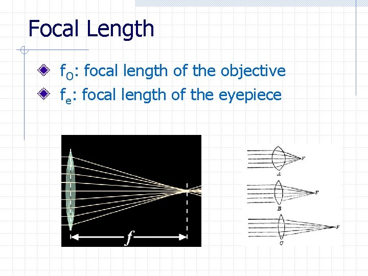Focal Length f. O: focal length of the objective fe: focal length of the