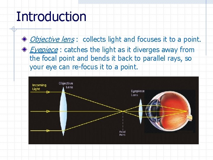 Introduction Objective lens : collects light and focuses it to a point. Eyepiece :