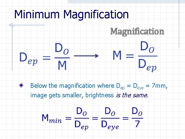 Minimum Magnification Below the magnification where Dep = Deye = 7 mm, image gets