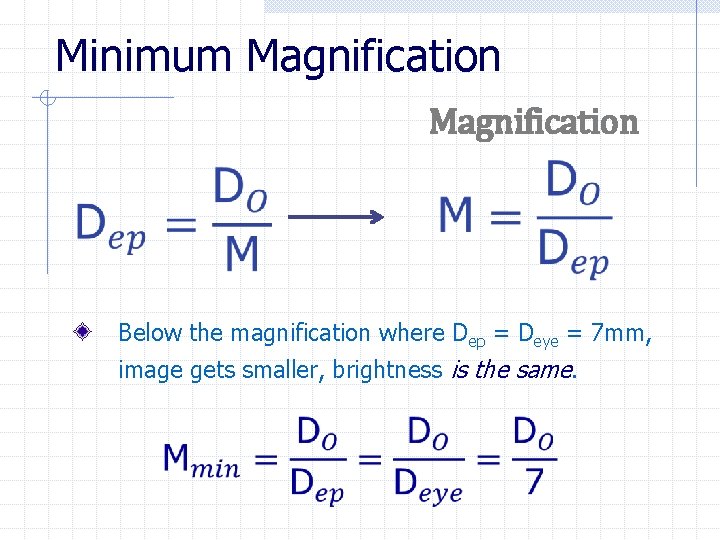 Minimum Magnification Below the magnification where Dep = Deye = 7 mm, image gets