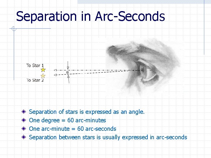 Separation in Arc-Seconds Separation of stars is expressed as an angle. One degree =