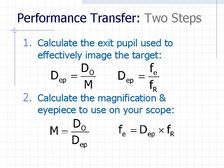 Performance Transfer: Two Steps 1. Calculate the exit pupil used to effectively image the