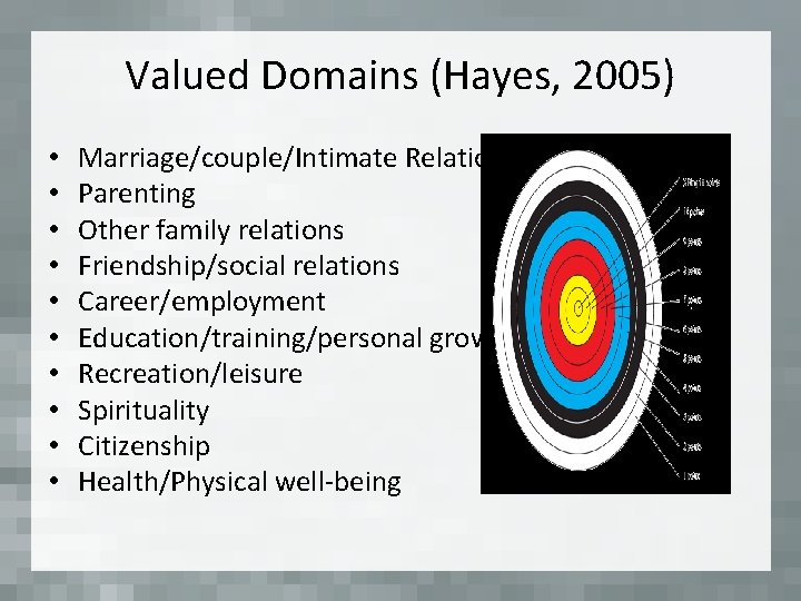Valued Domains (Hayes, 2005) • • • Marriage/couple/Intimate Relationships Parenting Other family relations Friendship/social