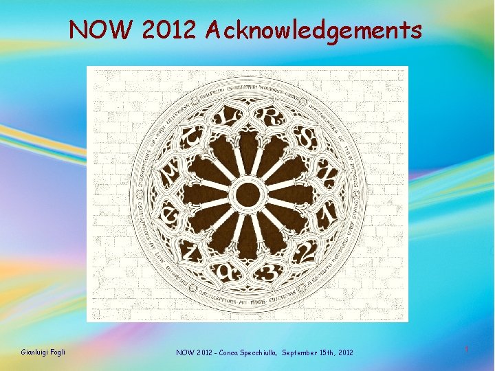 NOW 2012 Acknowledgements Gianluigi Fogli NOW 2012 - Conca Specchiulla, September 15 th, 2012