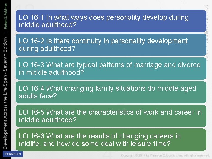 LO 16 -1 In what ways does personality develop during Learning Objectives middle adulthood?