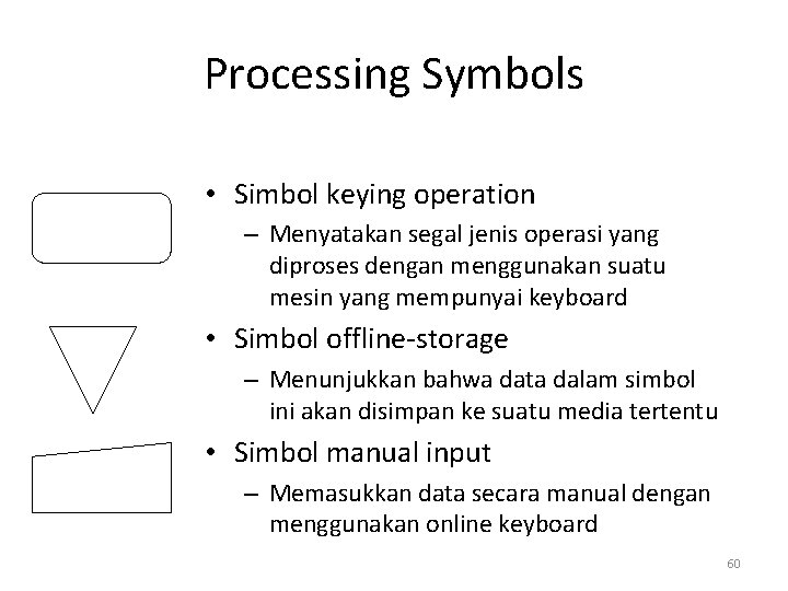 Processing Symbols • Simbol keying operation – Menyatakan segal jenis operasi yang diproses dengan