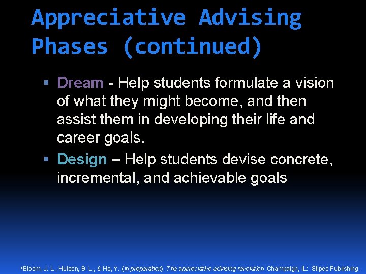 Appreciative Advising Phases (continued) Dream - Help students formulate a vision of what they