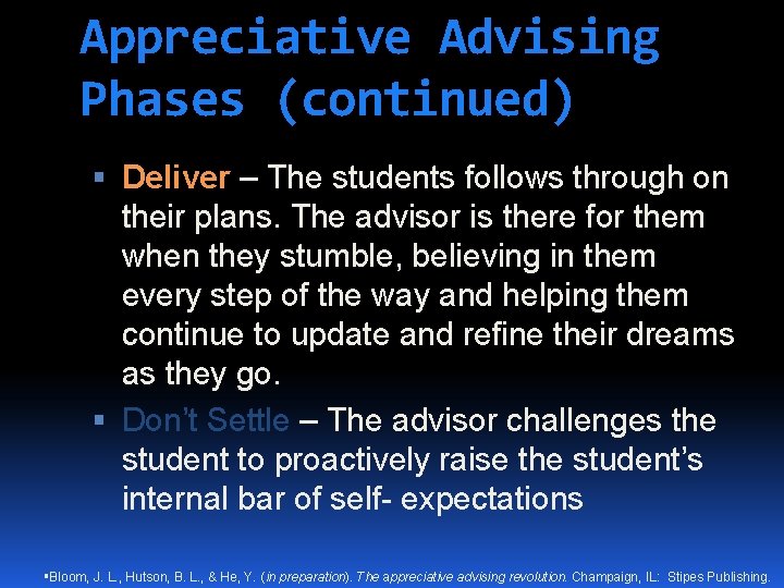Appreciative Advising Phases (continued) Deliver – The students follows through on their plans. The