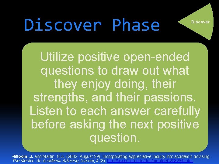 Discover Phase Discover Utilize positive open-ended questions to draw out what they enjoy doing,