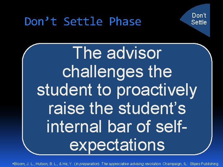 Don’t Settle Phase Don’t Settle The advisor challenges the student to proactively raise the