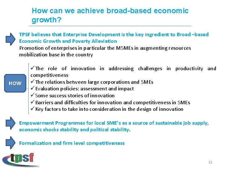 How can we achieve broad-based economic growth? TPSF believes that Enterprise Development is the