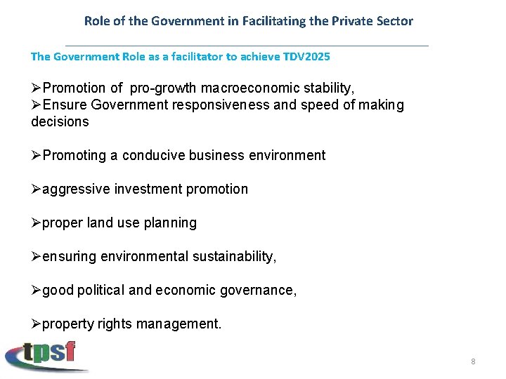 Role of the Government in Facilitating the Private Sector The Government Role as a