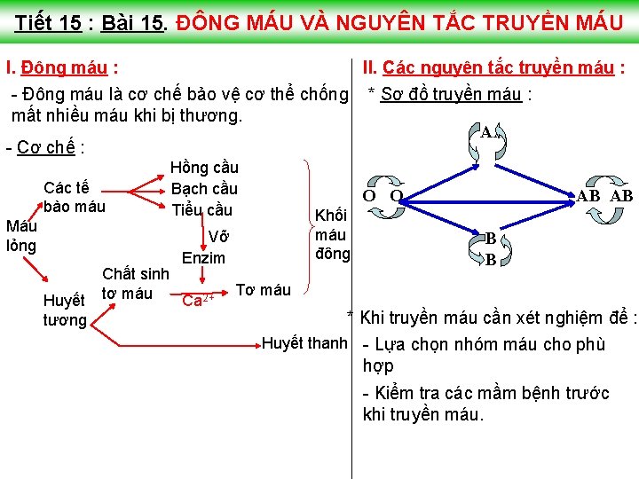 Tiết 15 : Bài 15. ĐÔNG MÁU VÀ NGUYÊN TẮC TRUYỀN MÁU I. Đông