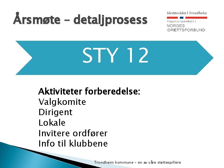 Årsmøte – detaljprosess STY 12 Aktiviteter forberedelse: Valgkomite Dirigent Lokale Invitere ordfører Info til