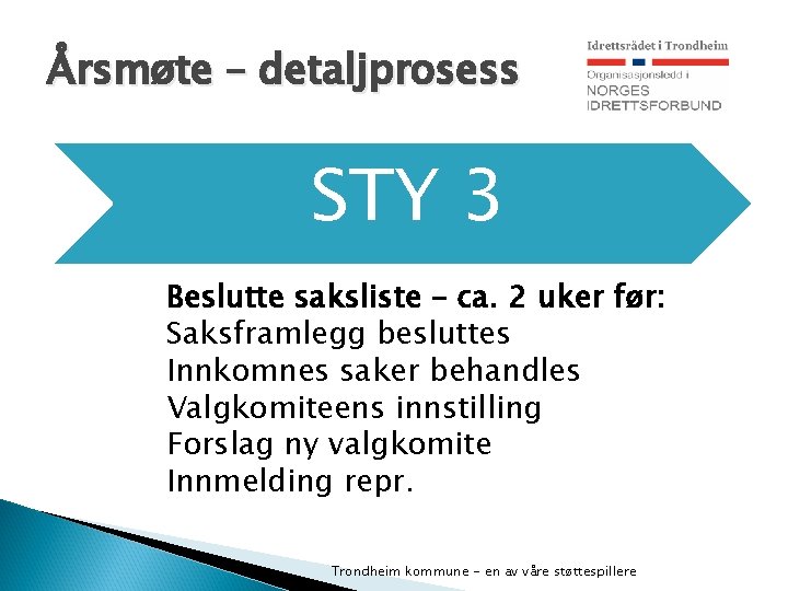 Årsmøte – detaljprosess STY 3 Beslutte saksliste – ca. 2 uker før: Saksframlegg besluttes