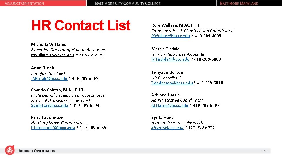 HR Contact List Michelle Williams Executive Director of Human Resources Mwilliams 2@bccc. edu *