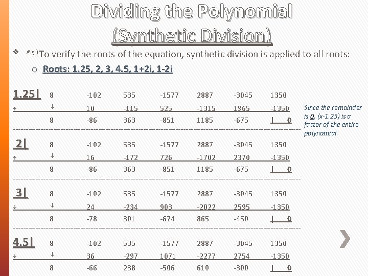 v Dividing the Polynomial (Synthetic Division) #. 5) To verify the roots of the