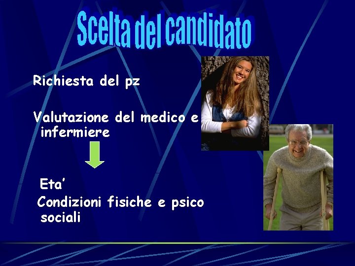 Richiesta del pz Valutazione del medico e infermiere Eta’ Condizioni fisiche e psico sociali Richiesta del pz Valutazione del medico e infermiere Eta’ Condizioni fisiche e psico sociali