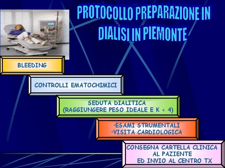 BLEEDING CONTROLLI EMATOCHIMICI SEDUTA DIALITICA (RAGGIUNGERE PESO IDEALE E K < 4) • ESAMI BLEEDING CONTROLLI EMATOCHIMICI SEDUTA DIALITICA (RAGGIUNGERE PESO IDEALE E K < 4) • ESAMI