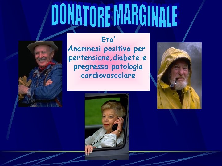 Eta’ Anamnesi positiva per ipertensione, diabete e pregressa patologia cardiovascolare Eta’ Anamnesi positiva per ipertensione, diabete e pregressa patologia cardiovascolare
