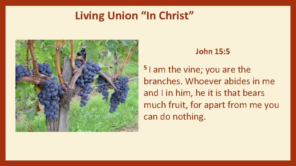 Living Union “In Christ” John 15: 5 5 I am the vine; you are