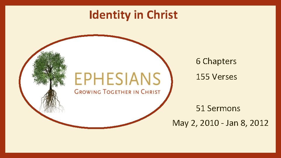 Identity in Christ 6 Chapters 155 Verses 51 Sermons May 2, 2010 - Jan