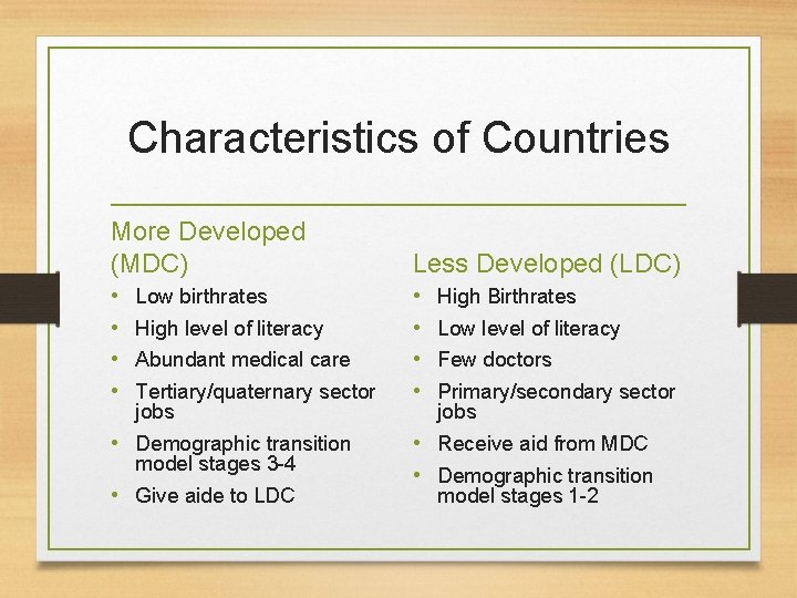 Characteristics of Countries More Developed (MDC) Less Developed (LDC) • • Low birthrates High