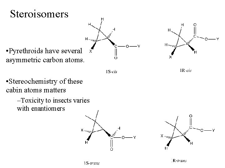 Steroisomers • Pyrethroids have several asymmetric carbon atoms. • Stereochemistry of these cabin atoms