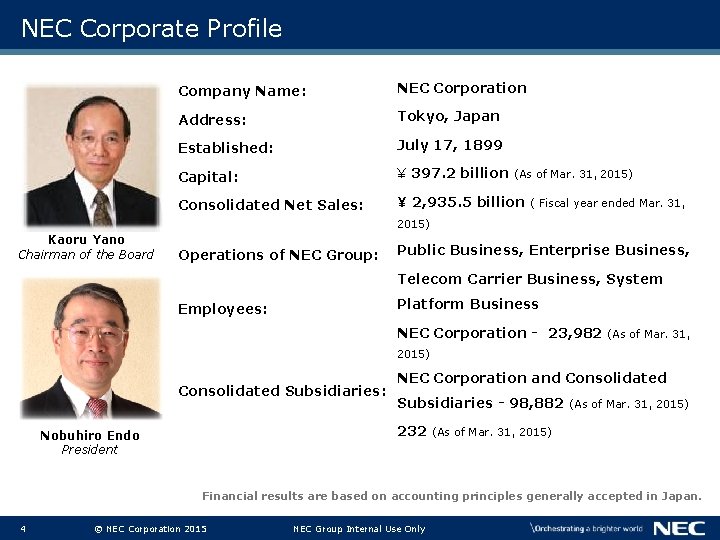 NEC Corporate Profile Company Name: NEC Corporation Address: Tokyo, Japan Established: July 17, 1899