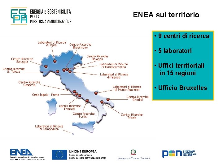 ENEA sul territorio • 9 centri di ricerca • 5 laboratori • Uffici territoriali