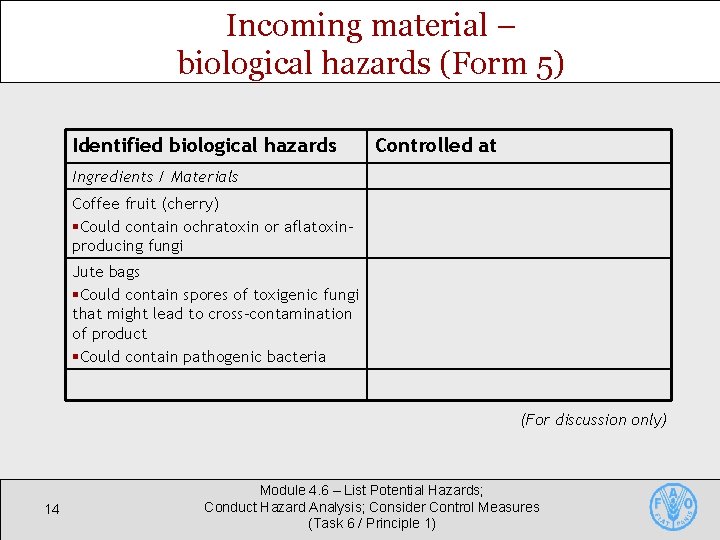 Incoming material – biological hazards (Form 5) Identified biological hazards Controlled at Ingredients / Incoming material – biological hazards (Form 5) Identified biological hazards Controlled at Ingredients /