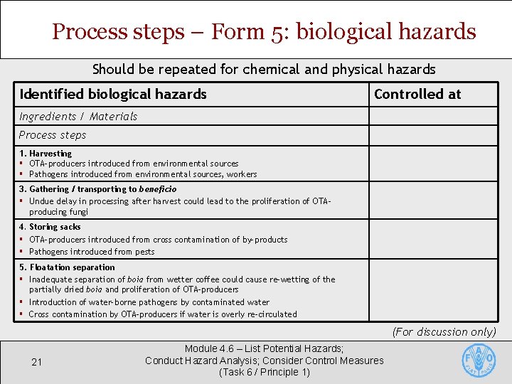 Process steps – Form 5: biological hazards Should be repeated for chemical and physical Process steps – Form 5: biological hazards Should be repeated for chemical and physical