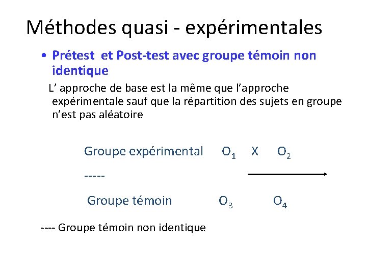 Méthodes quasi - expérimentales • Prétest et Post-test avec groupe témoin non identique L’