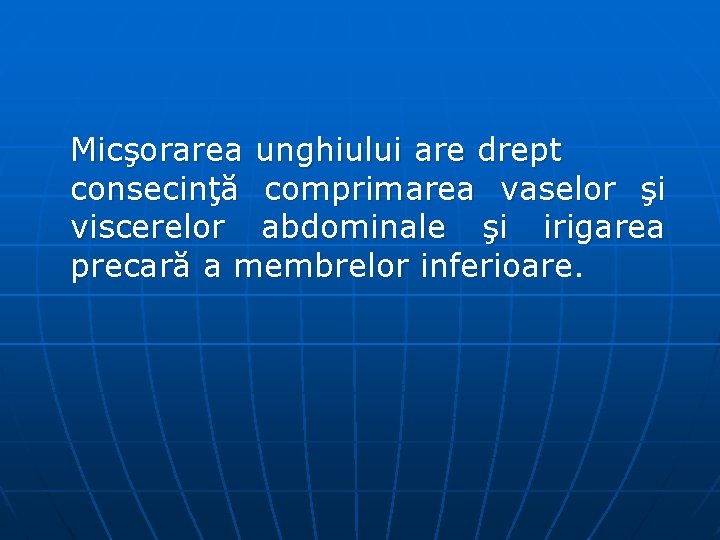 Micşorarea unghiului are drept consecinţă comprimarea vaselor şi viscerelor abdominale şi irigarea precară a