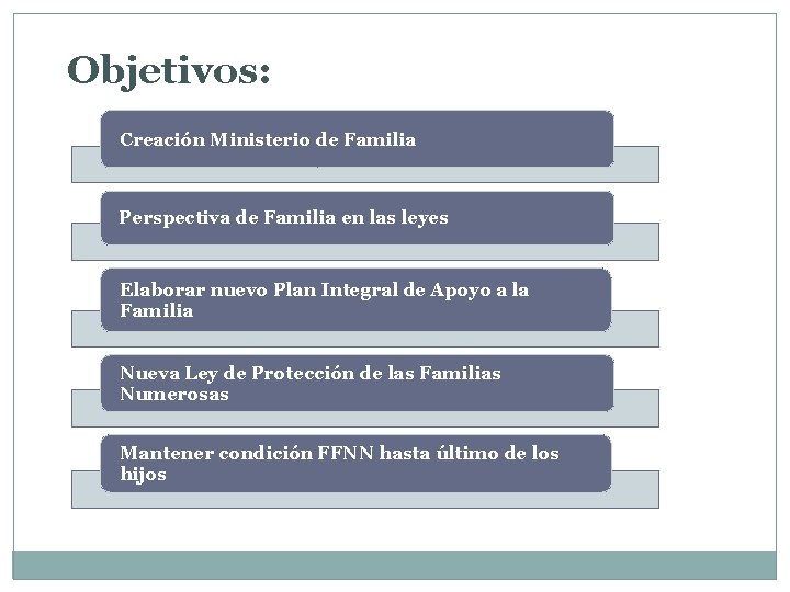 Objetivos: Creación Ministerio de Familia Perspectiva de Familia en las leyes Elaborar nuevo Plan