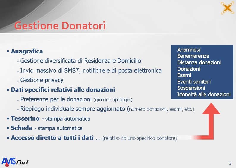 Gestione Donatori § Anagrafica ü § Gestione diversificata di Residenza e Domicilio § Invio