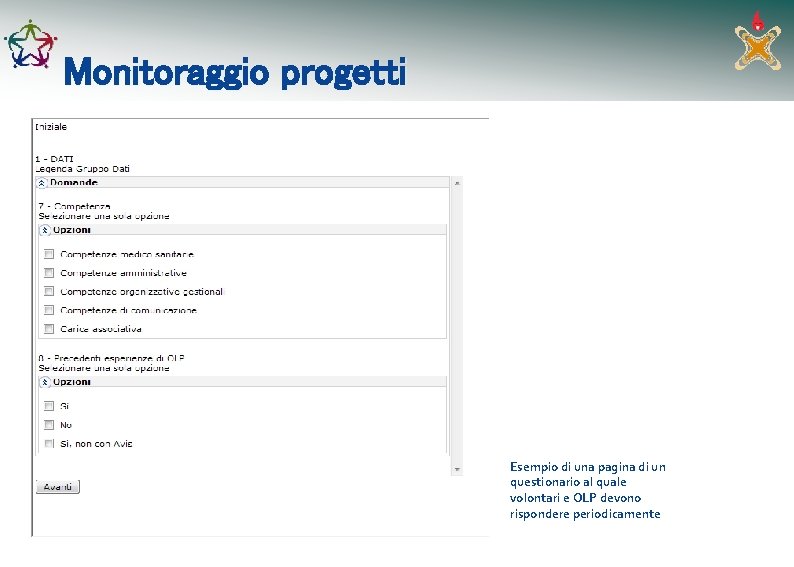 Monitoraggio progetti Esempio di una pagina di un questionario al quale volontari e OLP