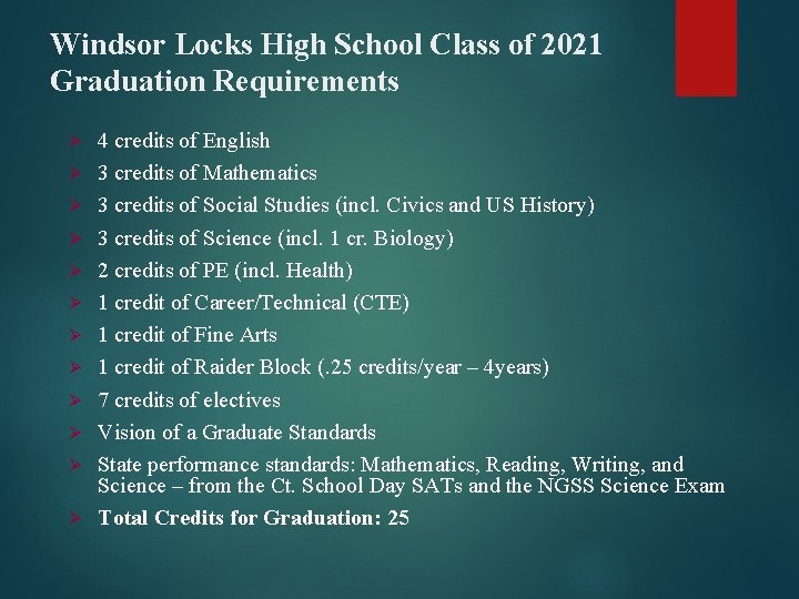 Windsor Locks High School Class of 2021 Graduation Requirements Ø Ø Ø 4 credits