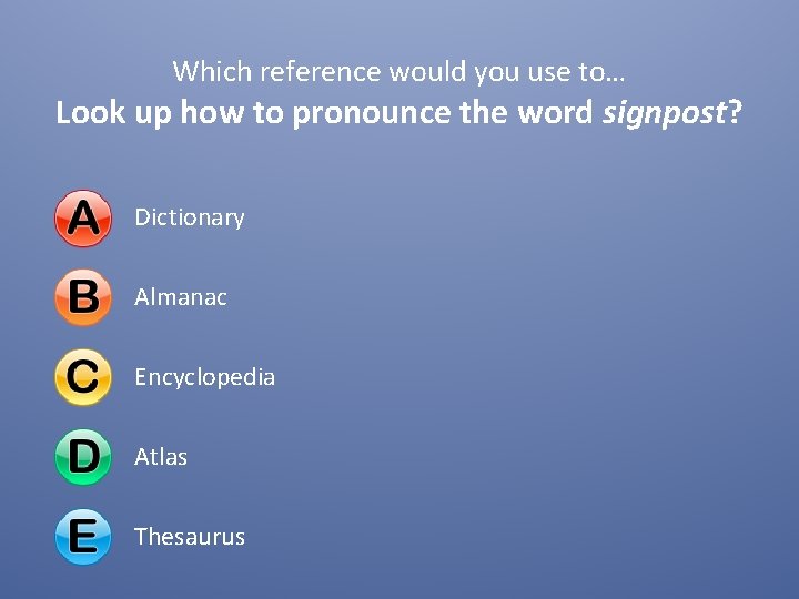 Which reference would you use to… Look up how to pronounce the word signpost? Which reference would you use to… Look up how to pronounce the word signpost?